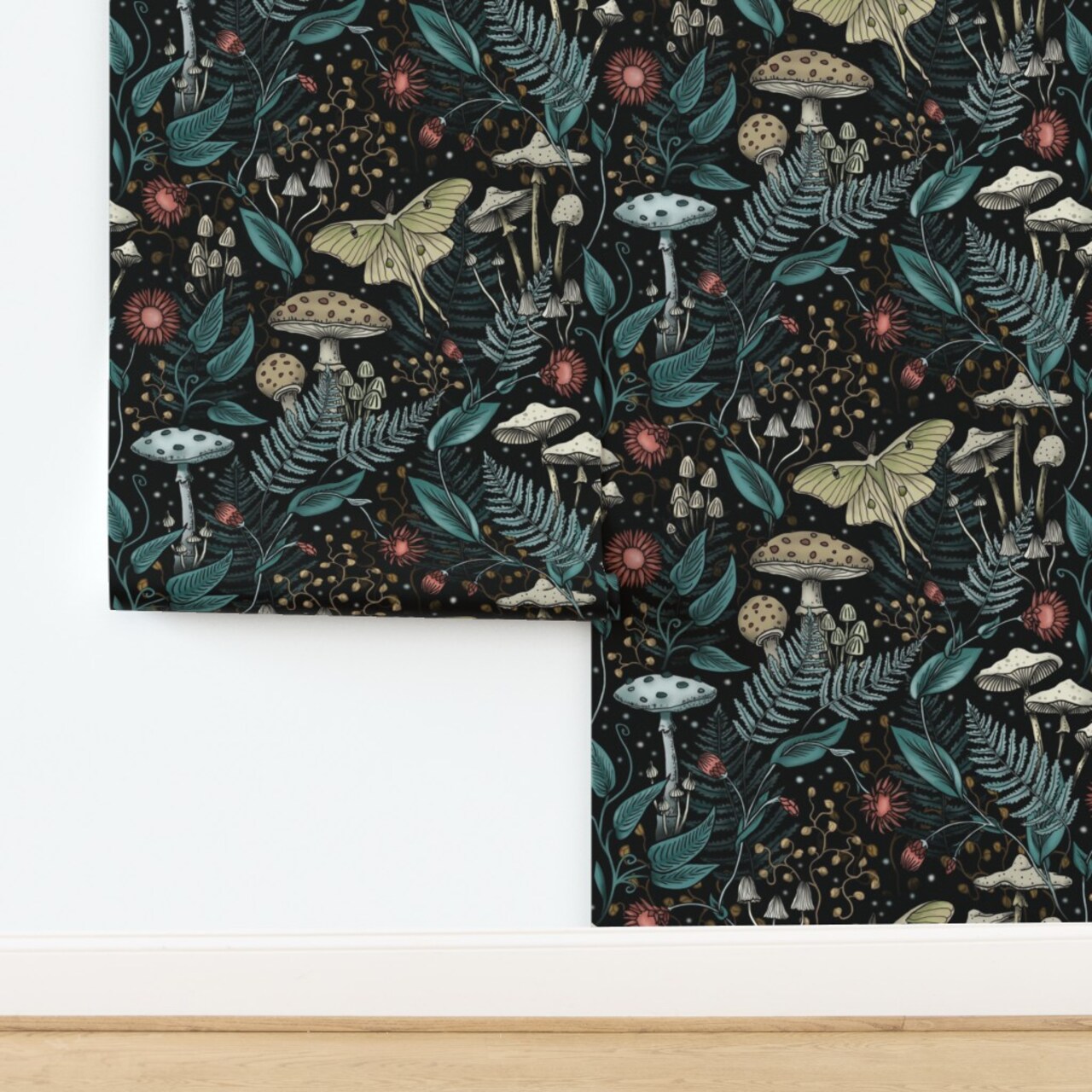 Whimsical Gothic Woodland Forest Luna Moth Mushrooms Botanical Floral Fern Magical Whimsigoth Fungi Large Scale Moody Nature Mushroom Toadstool Custom Removable Wallpaper by Spoonflower Peel & Stick Wallpaper 2FT Wide 15628708